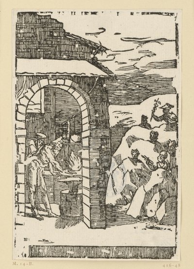 O Chamado dos Metais. Hefesto (Vulcano) e um erudito encontram-se junto à forja, enquanto lá fora, nas rochas, se escondem os deuses (como representantes dos metais): Saturno (chumbo), Júpiter (estanho), Vénus (cobre), Lua (prata), Mercúrio (mercúrio) de Domenico Beccafumi