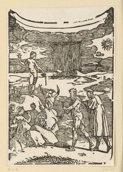 A descoberta dos metais. Hefesto (Vulcano), com o martelo de mineiro, e o seu ajudante procuram os metais. Do episódio «De re metallica». de Domenico Beccafumi