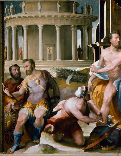 Friesland: o sacrifício de Codros, rei de Atenas, detalhe. Mitologia grega: Codros (ou Codrus) aprendendo de um oráculo que a vantagem da guerra entre os Dorianos e os Atenienses pertenceria àqueles cujo líder seria morto, voluntariamente devorado. de Domenico Beccafumi