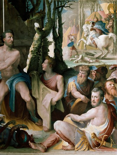 Friesland: o sacrifício de Codros, rei de Atenas, detalhe. Mitologia grega: Codros (ou Codrus) aprendendo de um oráculo que a vantagem da guerra entre os Dorianos e os Atenienses pertenceria àqueles cujo líder seria morto, voluntariamente devorado. de Domenico Beccafumi