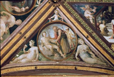 Promethee criando o homem sob o olhar de Mercúrio segurando um decíduo e usando um capacete e sandálias Fresco por Domenico Beccafumi (1486-1551) de Domenico Beccafumi