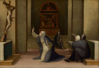 Santa Catarina de Siena recebendo os estigmas, c.1513-15 (óleo e folha de ouro no painel) de Domenico Beccafumi