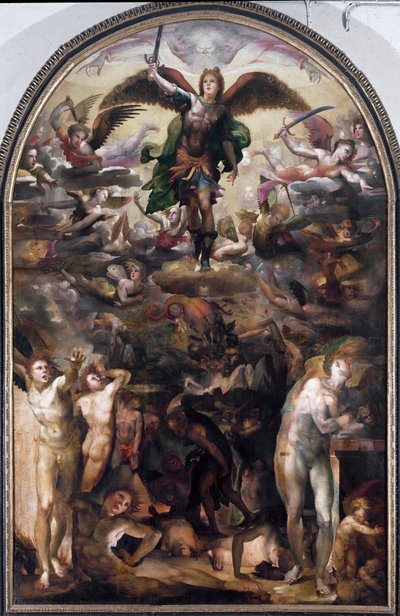 São Miguel perseguindo os anjos rebeldes (A queda dos anjos rebeldes). Pintura de Domenico Beccafumi (1486-1551) de Domenico Beccafumi