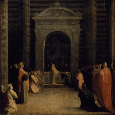 A Oferta das Chaves da Cidade de Siena à Virgem, em ou após 1526 (óleo sobre papel sobre painel de madeira) de Domenico Beccafumi