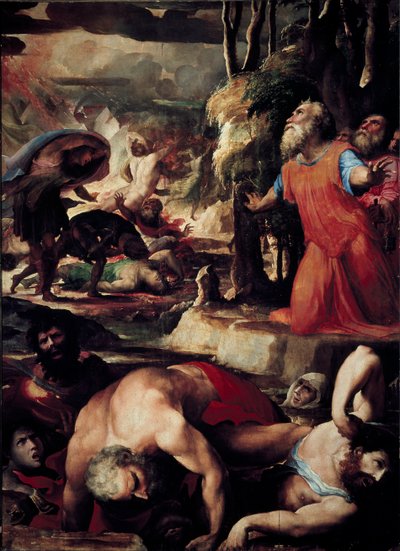 The Punishment of Core (Kore), Dathan (Datan, Nathan) e Aboron (Abiram) (The Punishment of Celestial Fire, episódio da rebelião dos Levitas contra Moisés e a autoridade da Lei). Pintura de Domenico Beccafumi (1486-1551) de Domenico Beccafumi