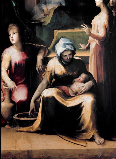 O nascimento da Virgem. Detalhe mostrando uma empregada com o novo do. Pintura de Domenico Beccafumi (1486-1551), cerca de 1540-1543. madeira. Dim: 233x145cm. Itália, Siena, Pinacoteca Nacional (Siena, Pinacoteca Nazionale). de Domenico Beccafumi