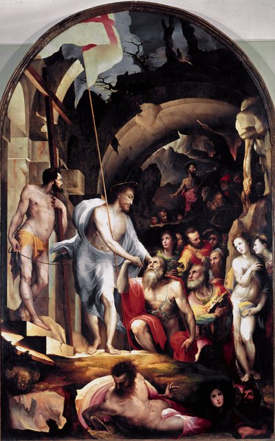 A descida de Cristo ao limbo. Ele segura um estandarte branco, golpeado com uma cruz vermelha, um símbolo da Ressurreição. Pintura de Domenico Beccafumi (1486-1551) de Domenico Beccafumi
