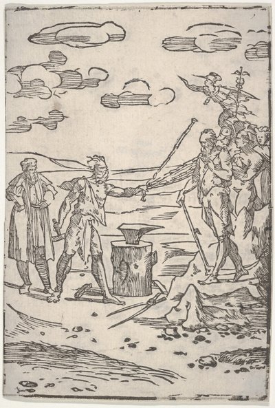 O falsificador de pé junto a uma bigorna puxando um homem acorrentado, da série The var ..., ca. 1540-1550. de Domenico di Pace Beccafumi  