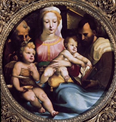 Tondo representando a santa família com São João Batista e um doador. Pintura de Domenico Beccafumi (1486-1551) de Domenico Beccafumi
