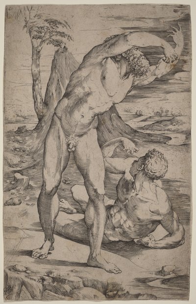 Dois nus masculinos a gesticular numa paisagem de Domenico Beccafumi