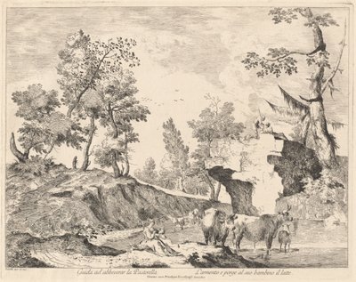Paisagem com pastora e rebanho em um bebedouro de Domenico Bernardo Zilotti