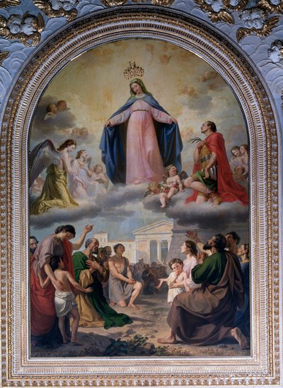 Nossa Senhora de Raccomandati. A Virgem (com uma coroa elevada) Protegendo uma população em perigo (óleo sobre tela de Domenico Caldara