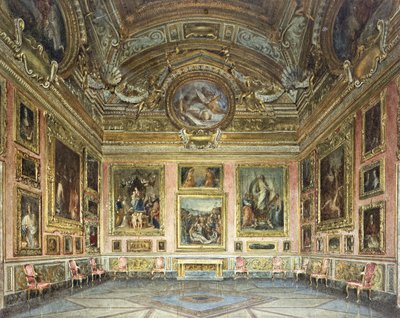 Interiores do Palazzo Pitti, Florença: Sala di Saturno com Perugino "s" Lamentation "ladeado por pinturas de Fra Bartolommeo e Rafael, 1871 de Domenico Caligo