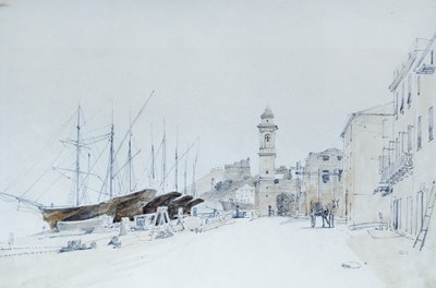 Vista de Armas em Taggia, ca 1860, por Pasquale Domenico Cambiaso (1811-1894), Itália Lápis e aguarela. de Domenico Cambiaso