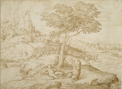 Transformação de Callistos em um urso após dar à luz a Arcas, c.1558 (caneta e tinta marrom sobre papel creme) de Domenico Campagnola