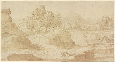 Paisagem figurativa, à direita, um rio com uma ponte perto de Mühlen, na frente de duas figuras sentadas de Domenico Campagnola