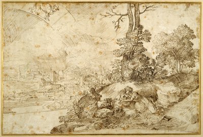 Paisagem com Astrologia (caneta e tinta castanha sobre papel) de Domenico Campagnola