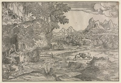 Paisagem com São Jerônimo e dois leões de Domenico Campagnola