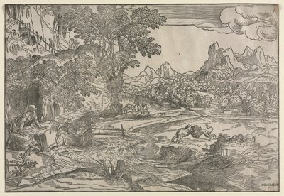 Paisagem com São Jerônimo e Dois Leões, c. 1530-35. de Domenico Campagnola