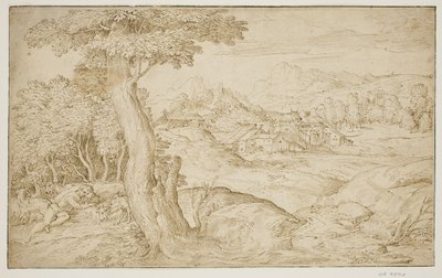 Paisagem com uma cidade e um pastor adormecido de Domenico Campagnola