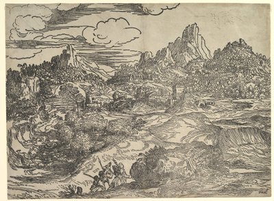 Paisagem com a família caminhando juntos em primeiro plano, à esquerda duas figuras com ..., ca. 1535-40. de Domenico Campagnola