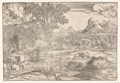 Paisagem com Hieronymus e dois leões de Domenico Campagnola