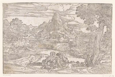 Paisagem com casal a segurar um hurdy-gurdy de Domenico Campagnola