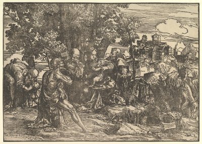 Maria sentada sob as árvores com o bebê, ladeada por José à esquerda e São Jerônimo à direita, São..., 1517. de Domenico Campagnola