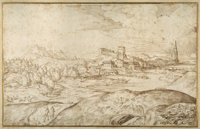 Paisagem montanhosa com um rio, e uma cidade fortificada com uma torre espiada (caneta e tinta castanha sobre papel branco) de Domenico Campagnola