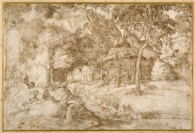 Peregrinos visitando São Jerônimo no deserto (caneta e tinta marrom sobre papel branco) de Domenico Campagnola