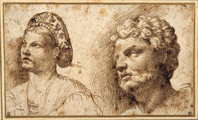 Estudo da cabeça e ombros de uma jovem mulher usando uma balza, e da cabeça de um homem barbudo (caneta e tinta sobre papel) de Domenico Campagnola