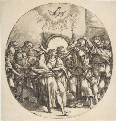 O Espírito Santo como um pássaro descendo com as asas abertas no centro superior, os doze Apóstolos ..., 1518. de Domenico Campagnola