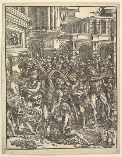 O Massacre dos Inocentes Lado direito com um grupo de figuras masculinas atacando mulheres e ..., 1517. de Domenico Campagnola