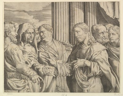O dinheiro triubuto: Cristo no centro, à direita, gesticulando para o homem à sua esquerda com moedas ..., ca. 1564-89. de Domenico Campagnola