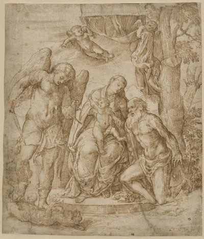A Virgem e o Menino com os Santos Miguel e Jerônimo, c.1520-25 de Domenico Campagnola