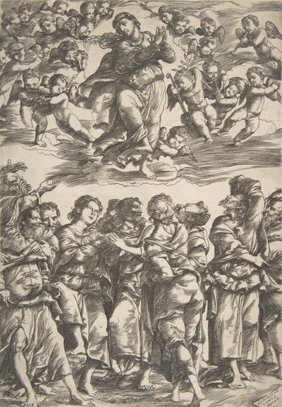A Virgem no centro superior em nuvens com as mãos entrelaçadas e pé direito levantado, cercada por..., 1517. de Domenico Campagnola