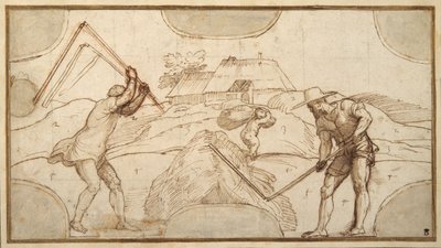 Dois camponeses debulhando (caneta e tinta marrom com lavagem marrom sobre papel) de Domenico Campagnola