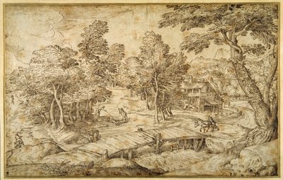 Paisagem arborizada, com uma roça e uma ponte de madeira sobre uma comporta (caneta e tinta castanha sobre papel) de Domenico Campagnola