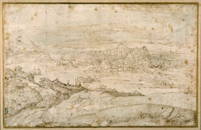 Paisagem arborizada com um rio sinuoso; ao longe uma cidade, uma mistura de pináculos e cúpulas com ruínas antigas (caneta e tinta marrom sobre papel branco) de Domenico Campagnola