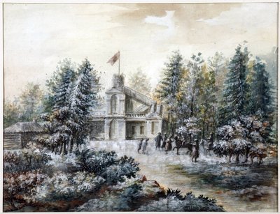 Pavillon de chasse Crack, uma casa de Pavlovsk - Krak em Pavlovsk - Domenico Felice Lamoni (1745-1830). Aquarela e cor branca sobre papel, depois de 1778. Museu Estadual de História de São Petersburgo de Domenico Felice Lamoni