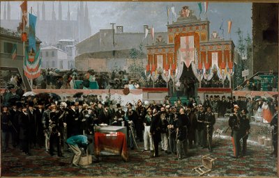Cerimônia para a pedra angular da galeria Vittorio Emanuele II em 7 de março de 1865 (óleo sobre madeira de Domenico Induno