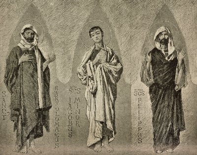 Santos Bartolomeu, Tiago o Menos e Filipe, desenhos de Domenico Morelli para mosaico na catedral de Amalfi, Itália, desenho de P Scoppetta, gravura de L