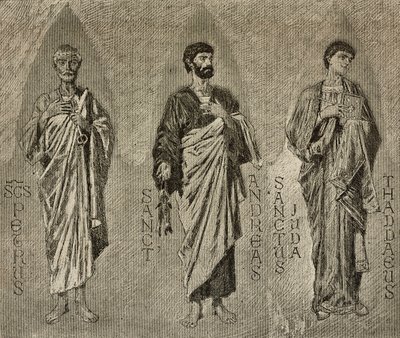 Santos Pedro, André e Judas Apóstolo, desenhos de Domenico Morelli para mosaico na catedral de Amalfi, Itália, desenho de P Scoppetta, gravura de L