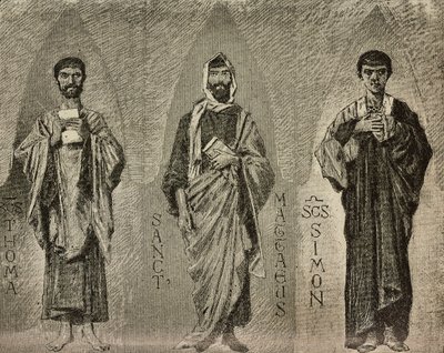 Santos Tomás, Mateus e Simão, desenhos de Domenico Morelli para mosaico na catedral de Amalfi, Itália, desenho de P Scoppetta, gravura de L