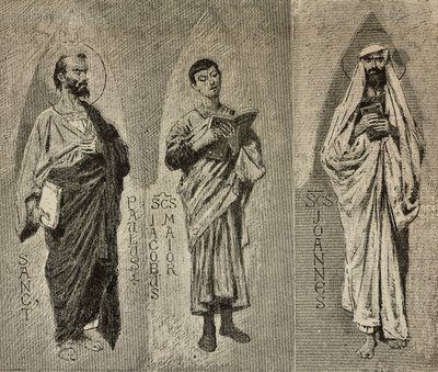 Pinta Paulo, Tiago o Grande e João, desenhos de Domenico Morelli para o mosaico da Catedral de Amalfi, Itália, desenho de P Scoppetta, gravura de L