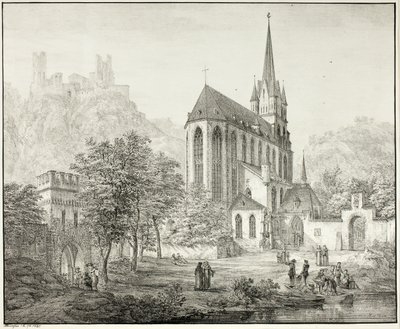 Igreja Colegiada de Nossa Senhora, com o Castelo Schoenberg em Oberwesel, no Reno de Domenico Quaglio