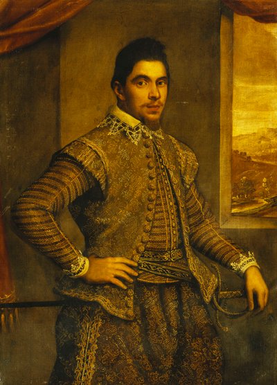 Retrato de um cavalheiro, de três quartos de comprimento, vestindo um traje elaboradamente bordado, diante de uma janela, uma paisagem além, de Domenico Robusti Tintoretto