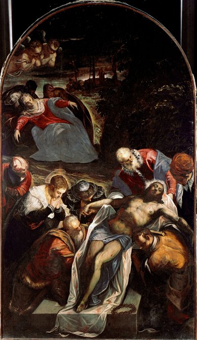 O túmulo entre os personagens que rodeiam o corpo de Jesus Cristo: São Nicodema, José de Arimatéia, São João, a Virgem Maria e São João. Pintura de Jacopo Robusti chamada Tintoret (Tintoretto) (1518-1594) 1593-1594 Sol. 288x166 cm Veneza, C de Domenico Robusti Tintoretto