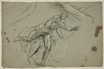 Mulher nua com um pedaço de pano nas mãos saindo às pressas de uma barraca de Domenico Tintoretto