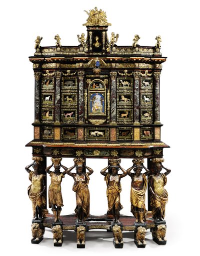Gabinete de suporte Luís XIV (bronze dourado, pietra dura, carapaça de tartaruga, cinza, ebonizado e dourado parcial) (ver também 1766356-7) de Domenico and Gobelins workshop (attr. to) Cucci